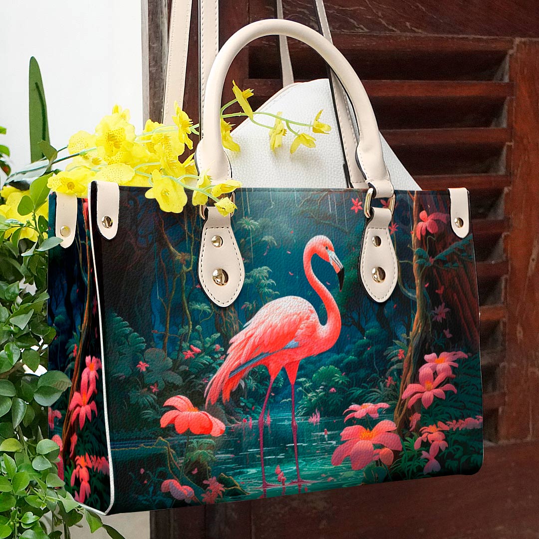 Leather Bag Flamingo with Hibiscus