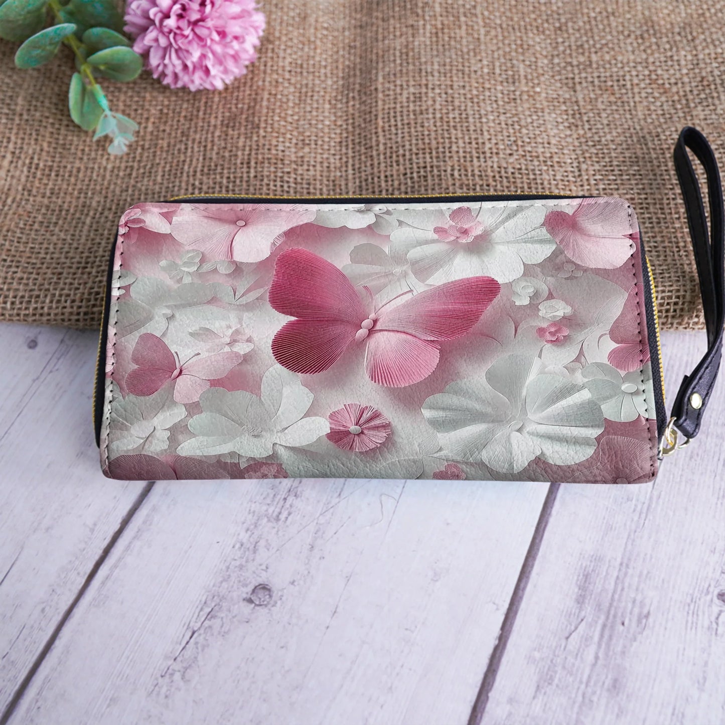  Leather Clutch Purse With Wristlet Strap Handle Butterfly Blossom Elegance
