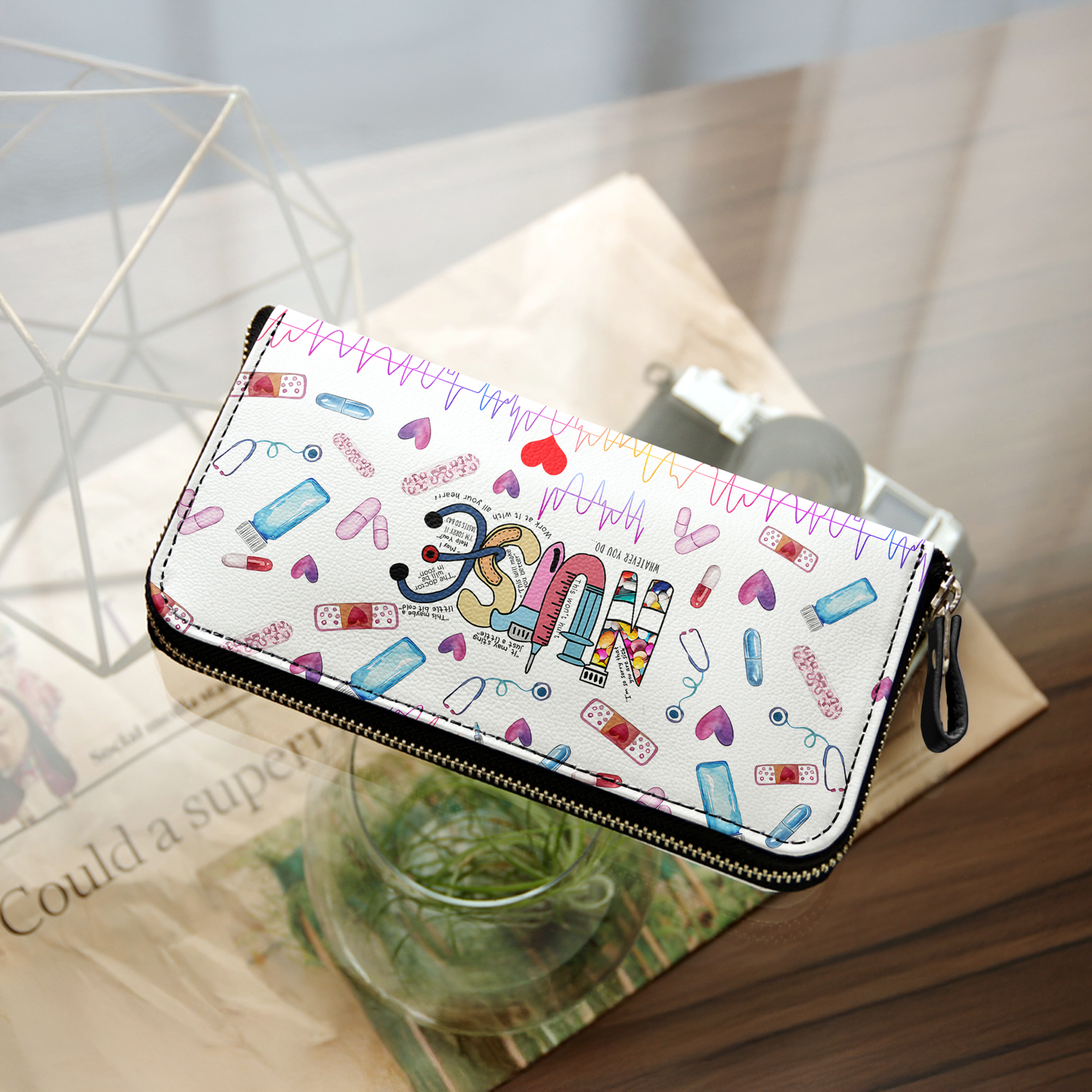  Leather Clutch Purse With Wristlet Strap Handle Nurse Colorful