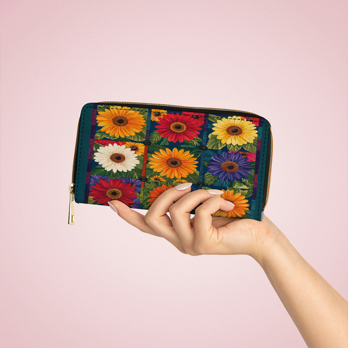  Leather Clutch Purse With Wristlet Strap Handle Vibrant Daisy Patch