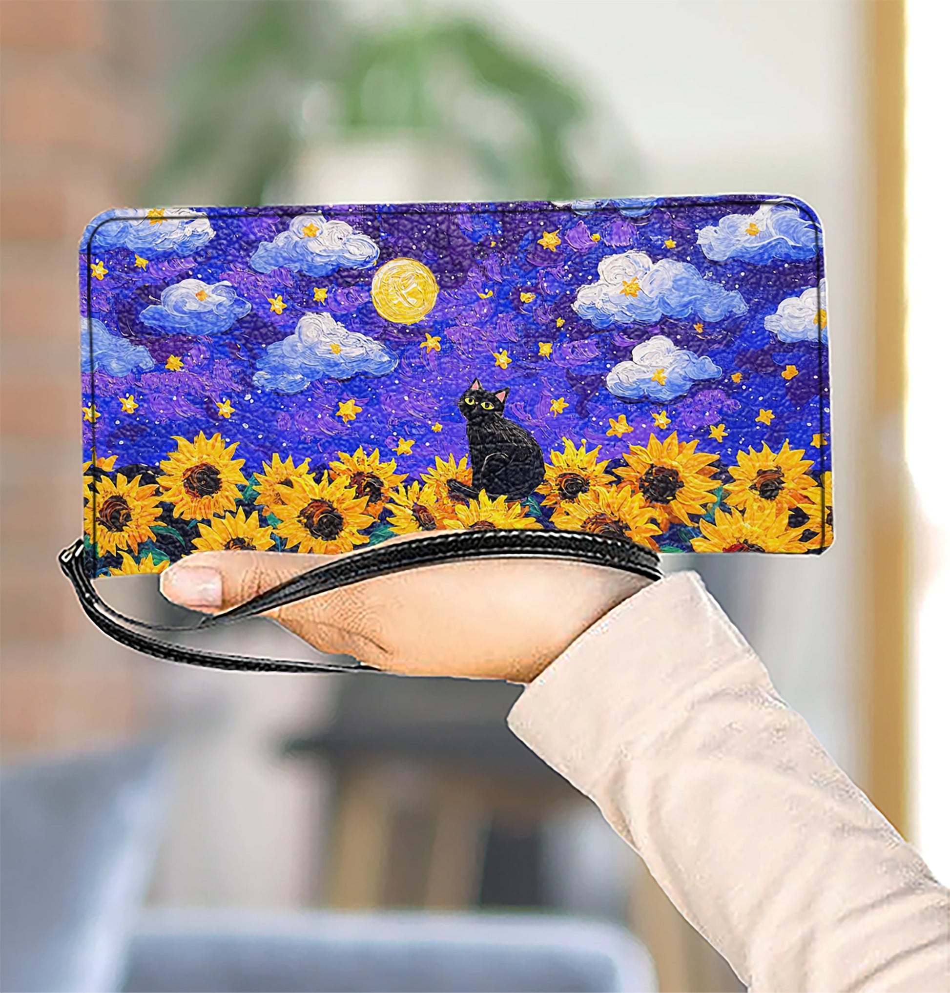  Leather Clutch Purse With Wristlet Strap Handle Starry Cat With Sunflower