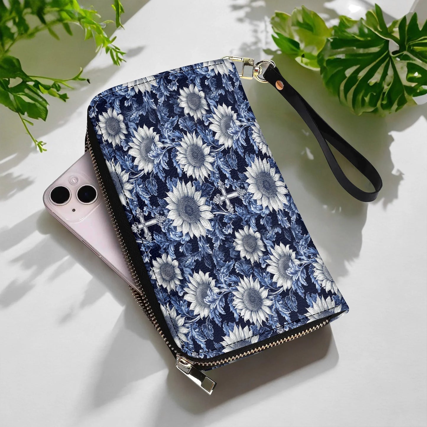  Leather Clutch Purse With Wristlet Strap Handle Midnight Blue Sunflower Cross