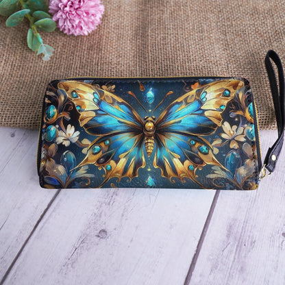  Leather Clutch Purse With Wristlet Strap Handle Butterfly Ethereal Radiance