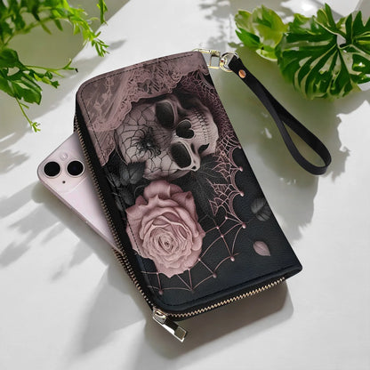  Leather Clutch Purse With Wristlet Strap Handle Dark Bloom Gothic