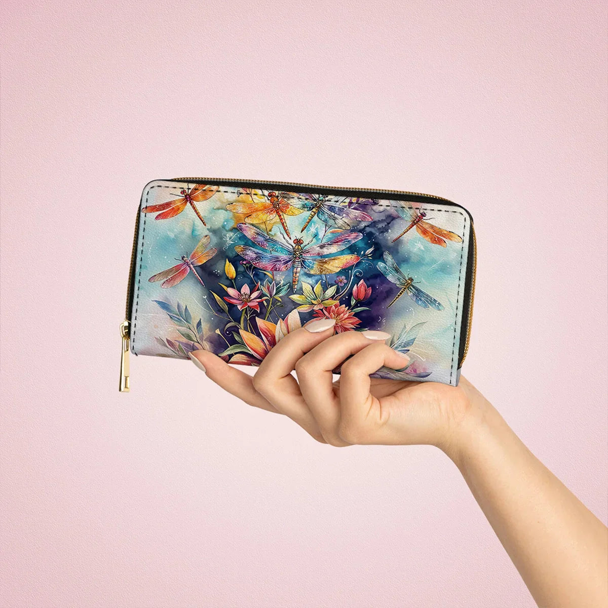  Leather Clutch Purse With Wristlet Strap Handle Dragonfly Free Flying