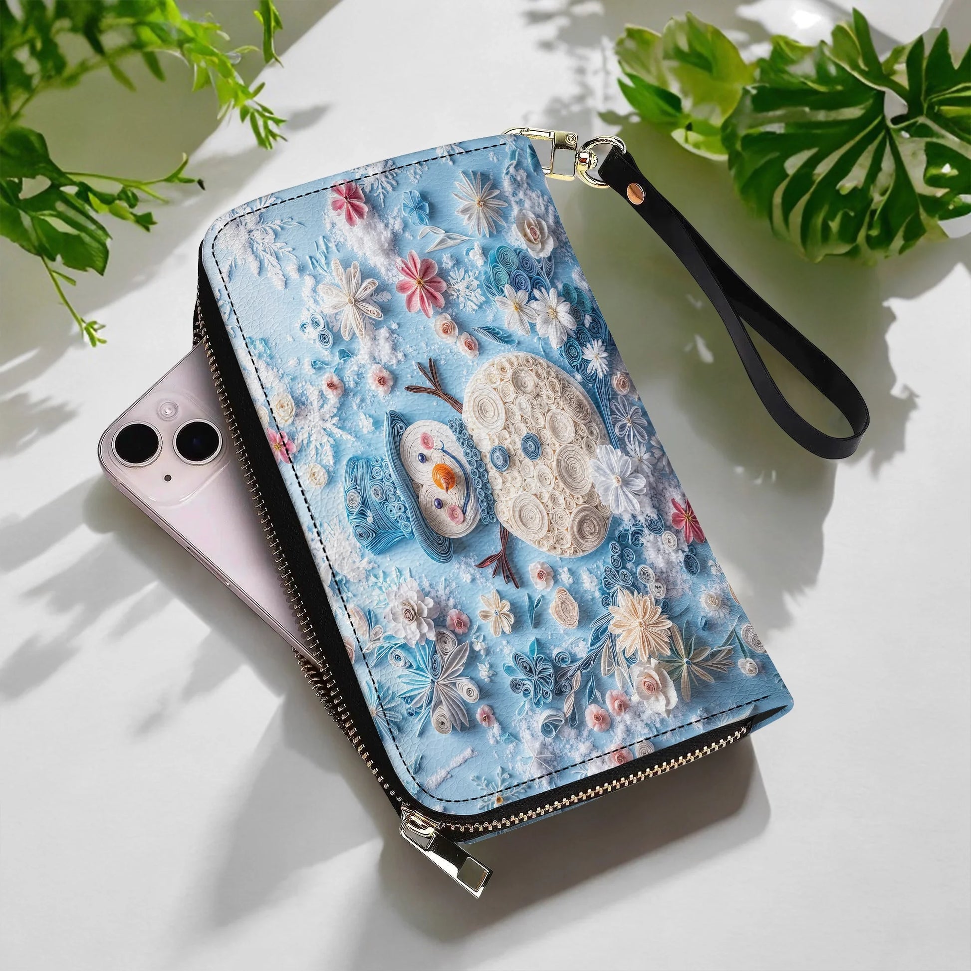  Leather Clutch Purse With Wristlet Strap Handle Happy Snowman