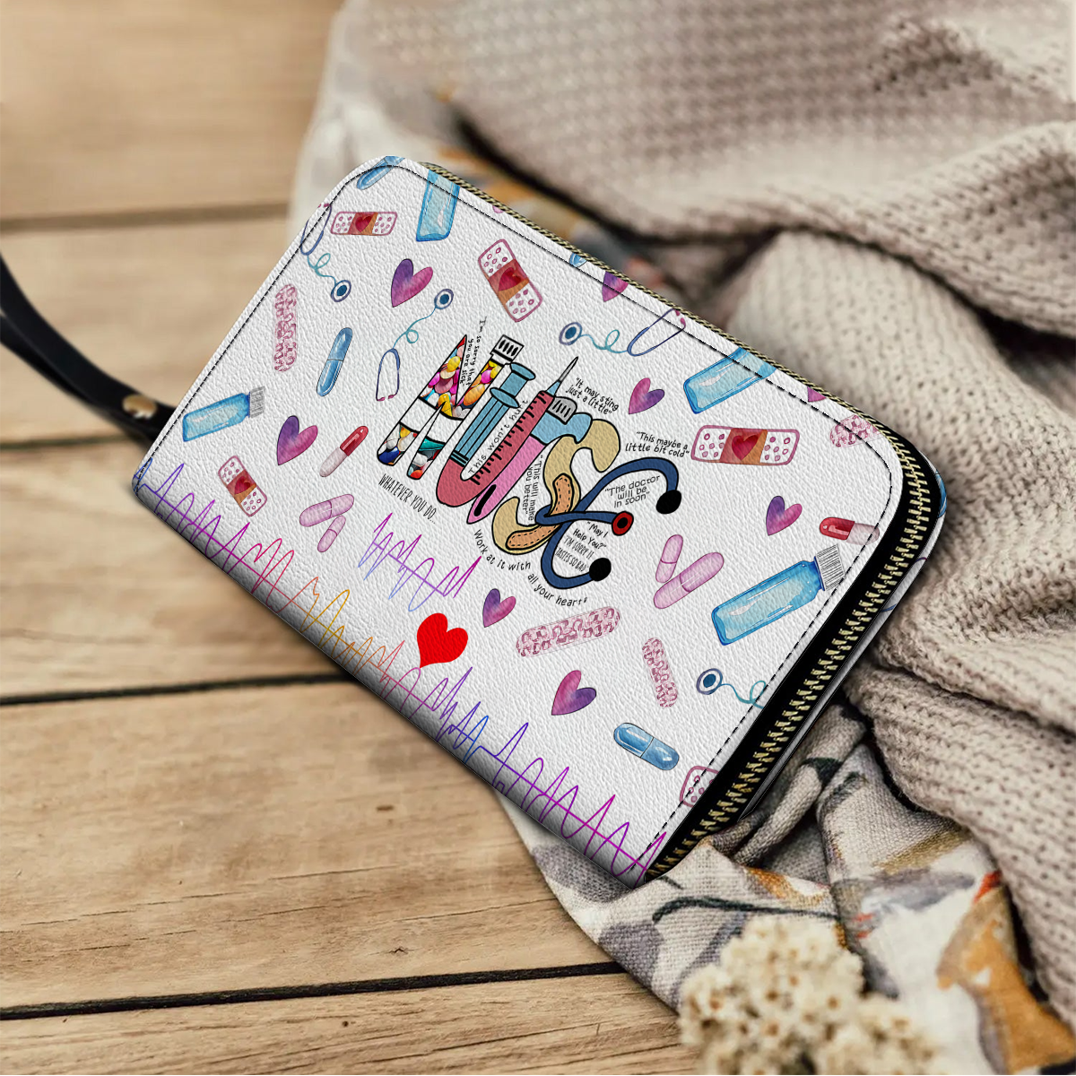  Leather Clutch Purse With Wristlet Strap Handle Nurse Colorful