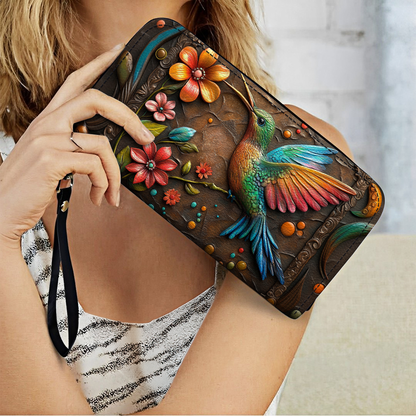  Leather Clutch Purse With Wristlet Strap Handle Hummingbird And Flower