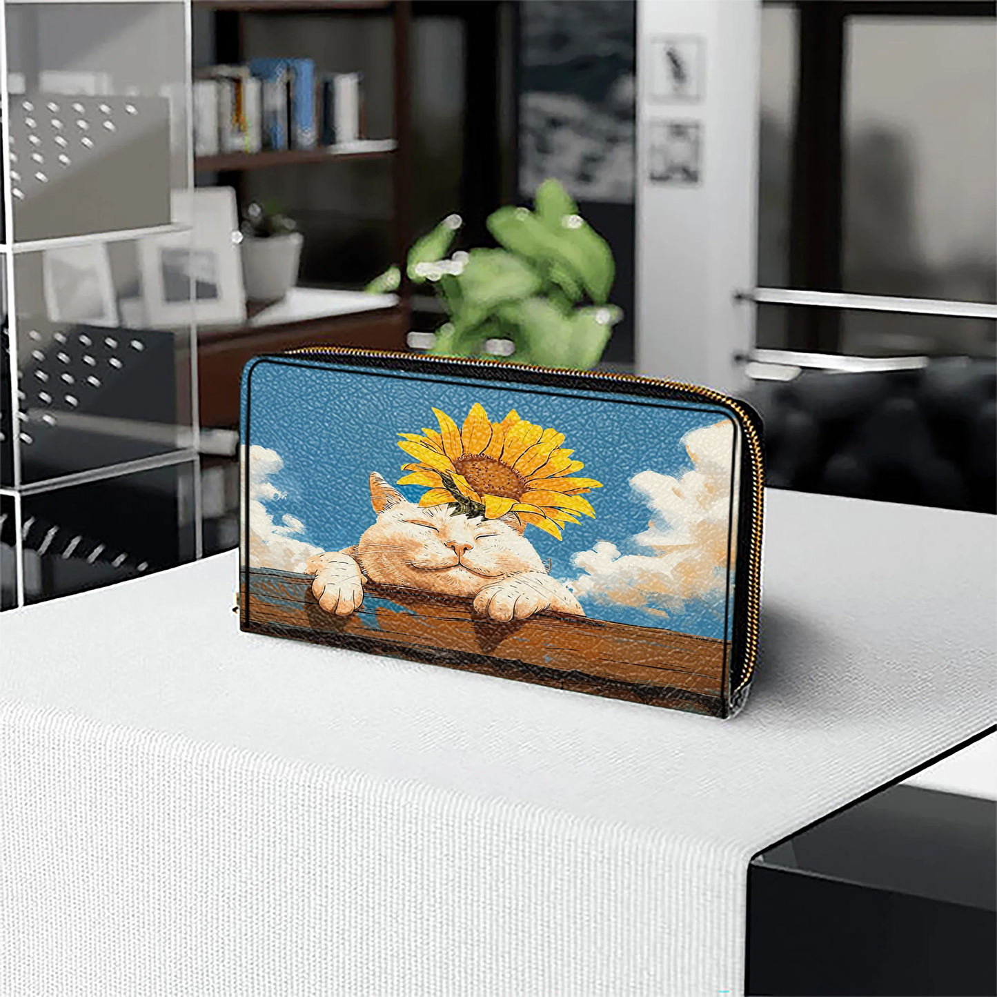  Leather Clutch Purse With Wristlet Strap Handle Relaxing Cat