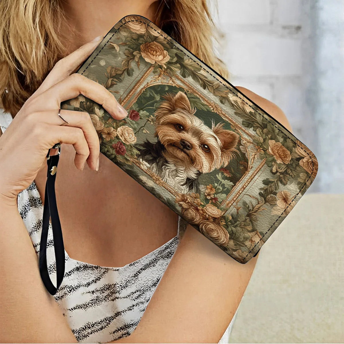  Leather Clutch Purse With Wristlet Strap Handle Luxe Yorkie Companion