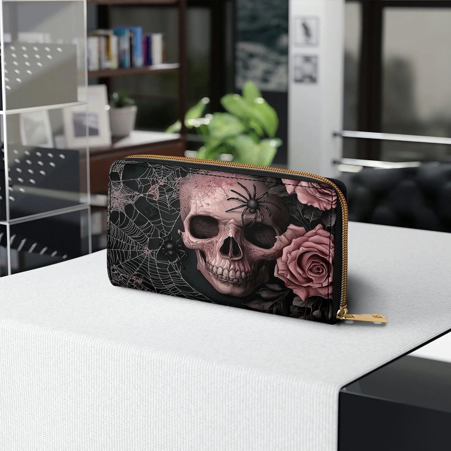  Leather Clutch Purse With Wristlet Strap Handle Eternal Bloom Skull