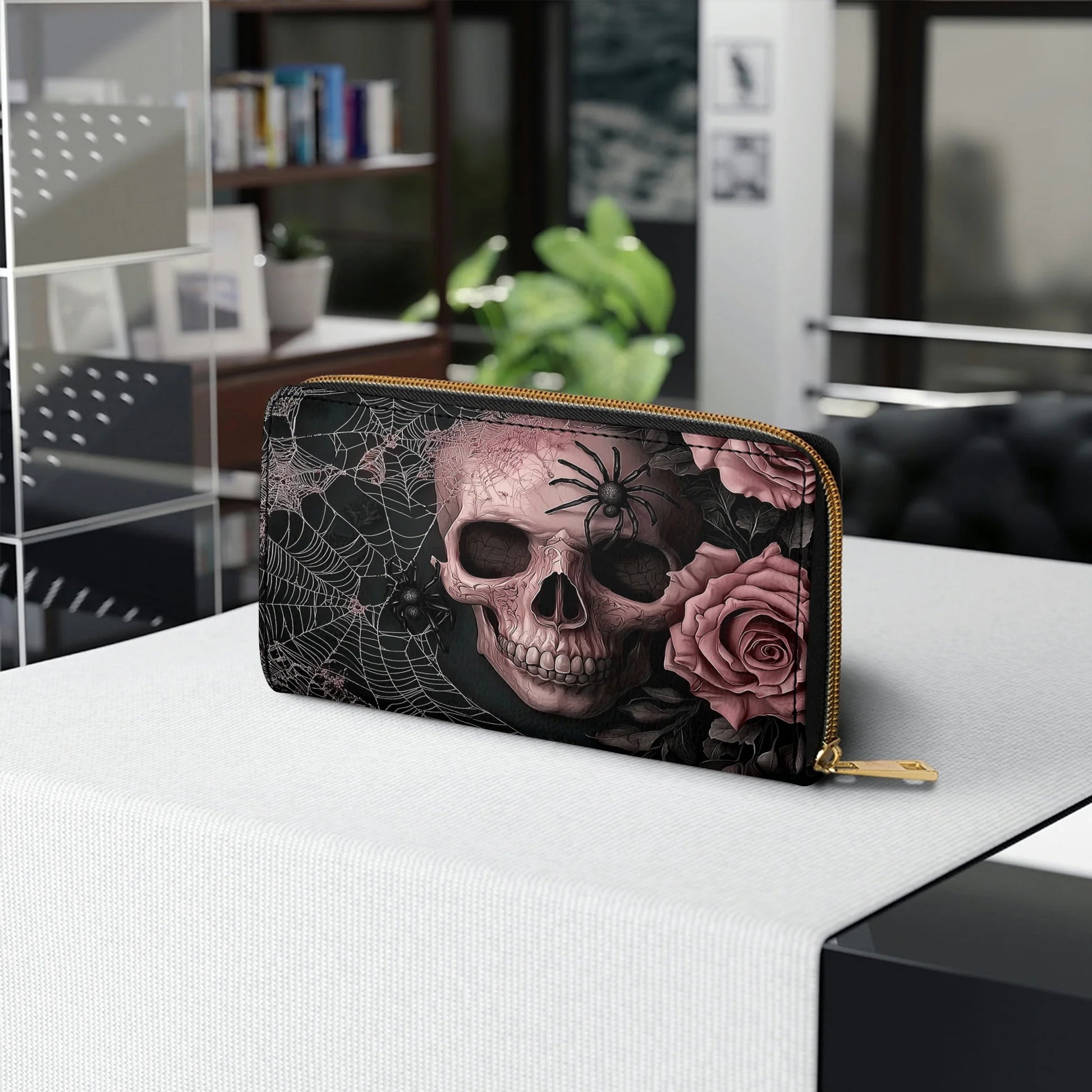  Leather Clutch Purse With Wristlet Strap Handle Eternal Bloom Skull