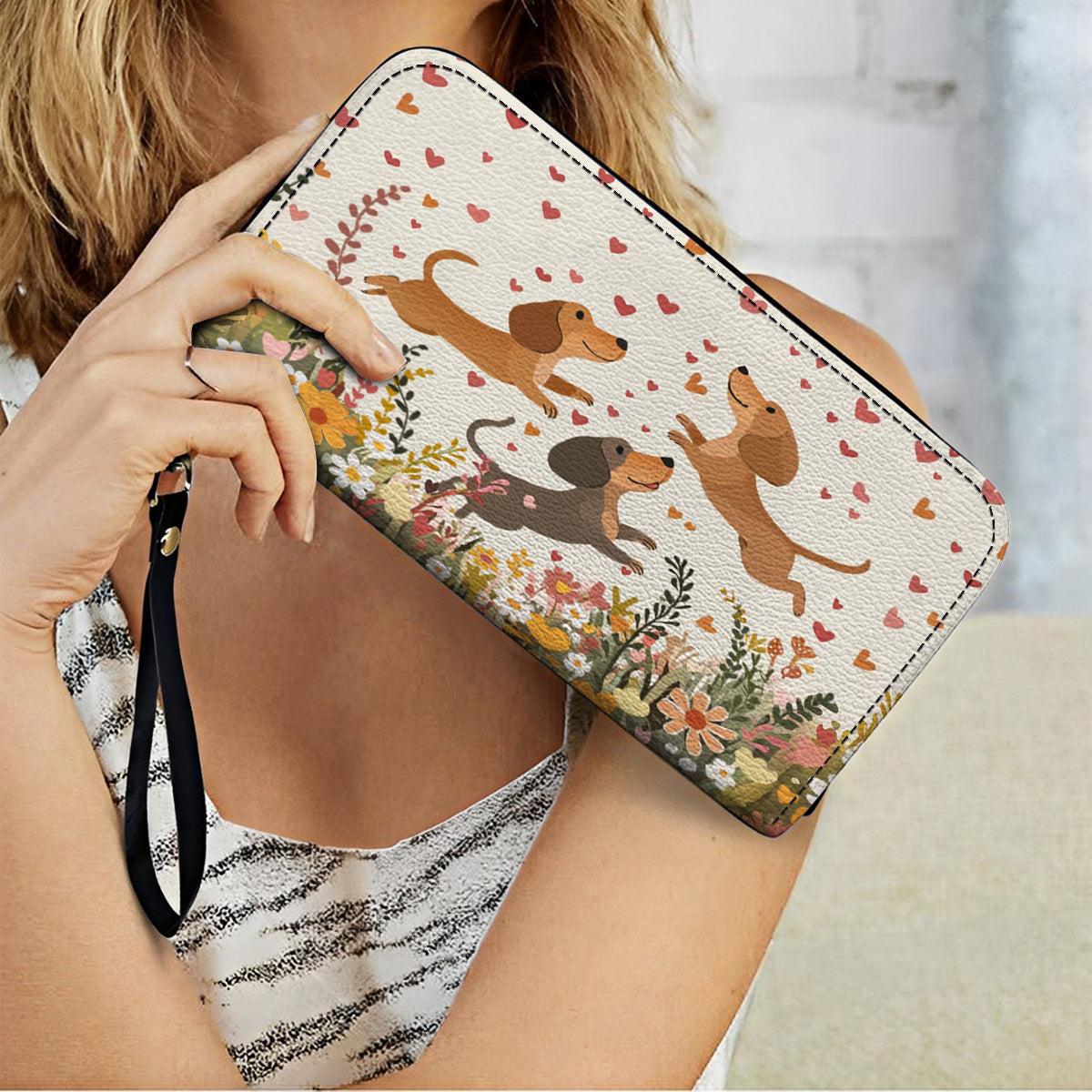  Leather Clutch Purse With Wristlet Strap Handle Floral Dachshund With Heart