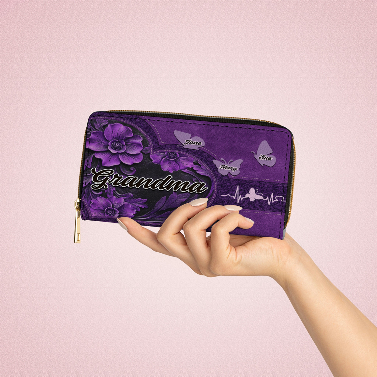  Leather Clutch Purse With Wristlet Strap Handle Eternal Love Grandma Butterfly