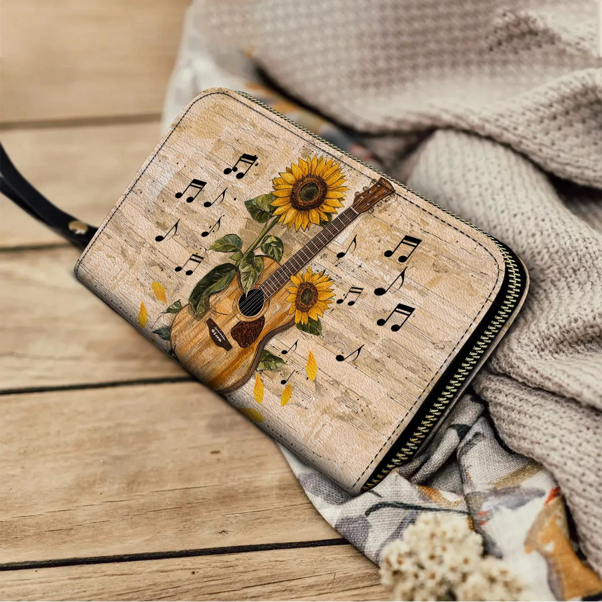  Leather Clutch Purse With Wristlet Strap Handle Sunflower Melody