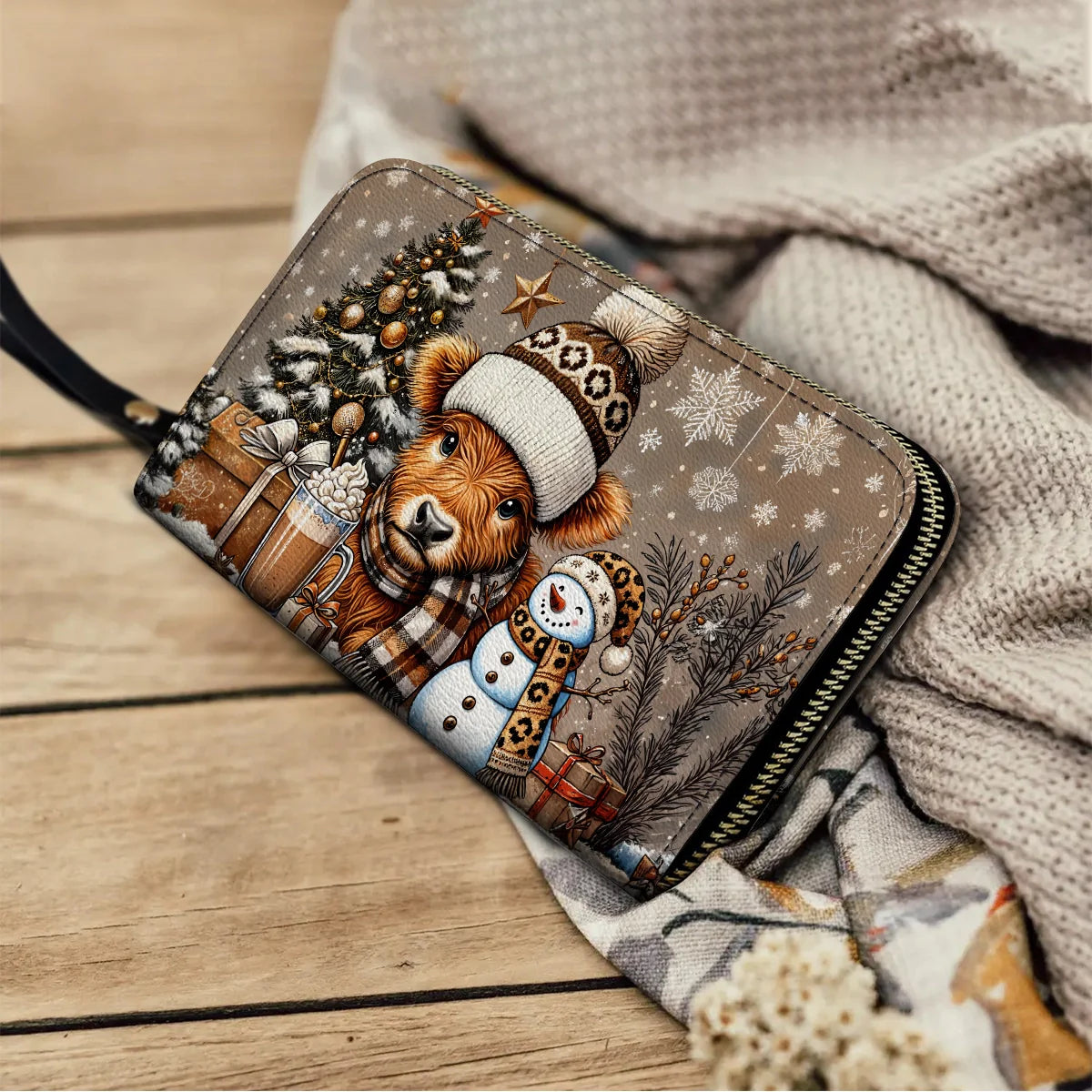  Leather Clutch Purse With Wristlet Strap Handle Cozy Cow Winter Wonderland Edition