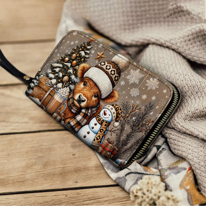  Leather Clutch Purse With Wristlet Strap Handle Cozy Cow Winter Wonderland Edition