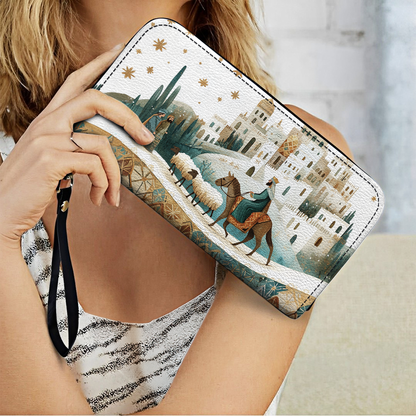  Leather Clutch Purse With Wristlet Strap Handle Starry Bethlehem Journey