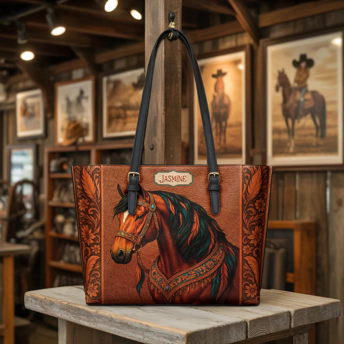  Regal Horse Bloom Leather Tote Bag