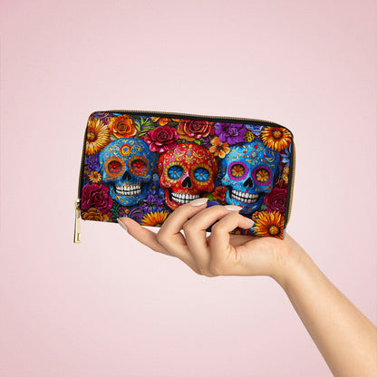  Leather Clutch Purse With Wristlet Strap Handle Vibrant Sugar Skull