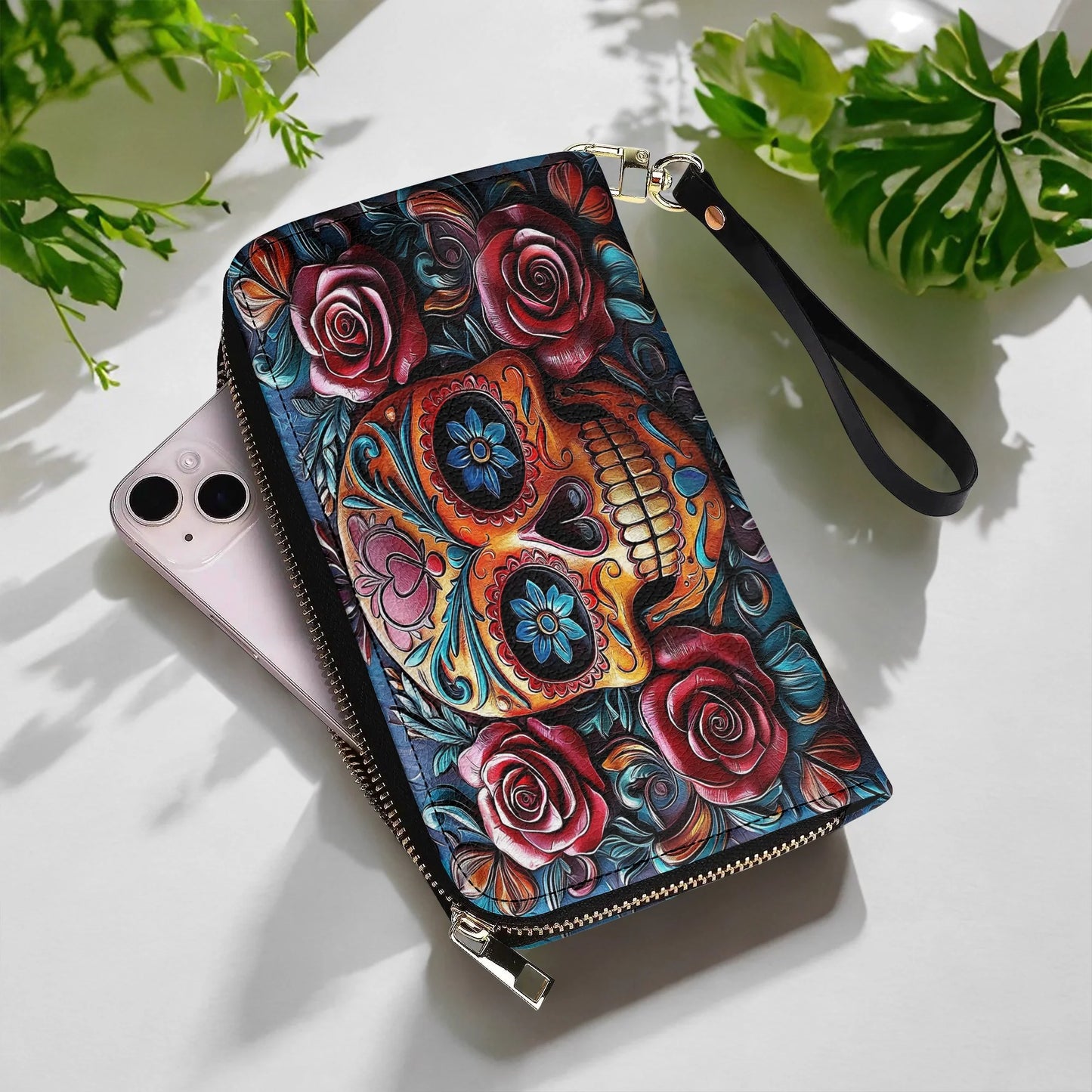  Leather Clutch Purse With Wristlet Strap Handle Vivid Skull and Roses