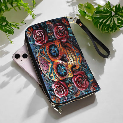  Leather Clutch Purse With Wristlet Strap Handle Vivid Skull and Roses