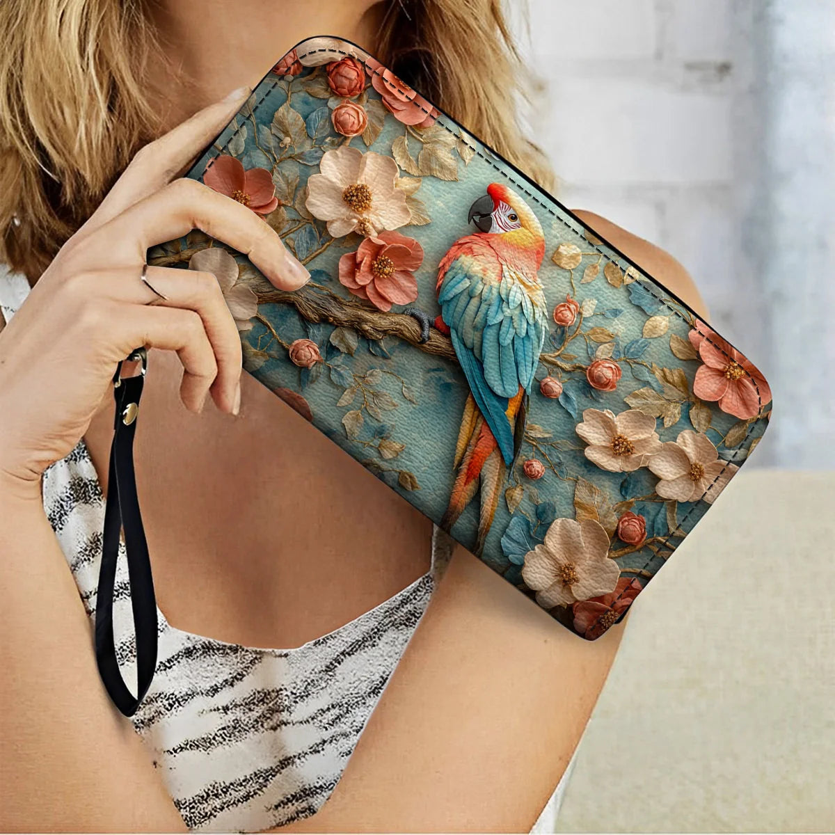  Leather Clutch Purse With Wristlet Strap Handle Macaw Majesty