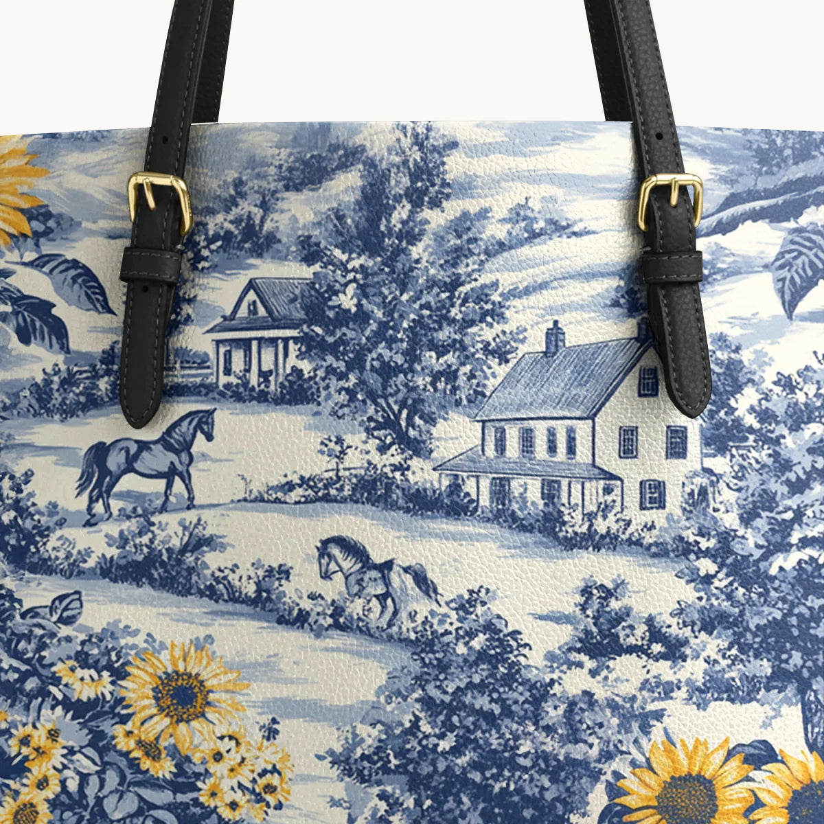 Toile Sunflower Prairie Leather Tote Bag