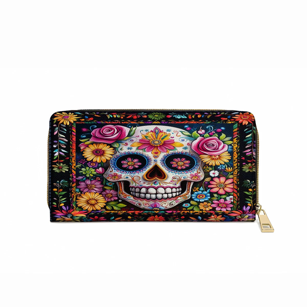  Leather Clutch Purse With Wristlet Strap Handle Calavera Floral Dreams