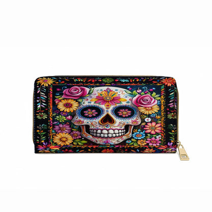  Leather Clutch Purse With Wristlet Strap Handle Calavera Floral Dreams