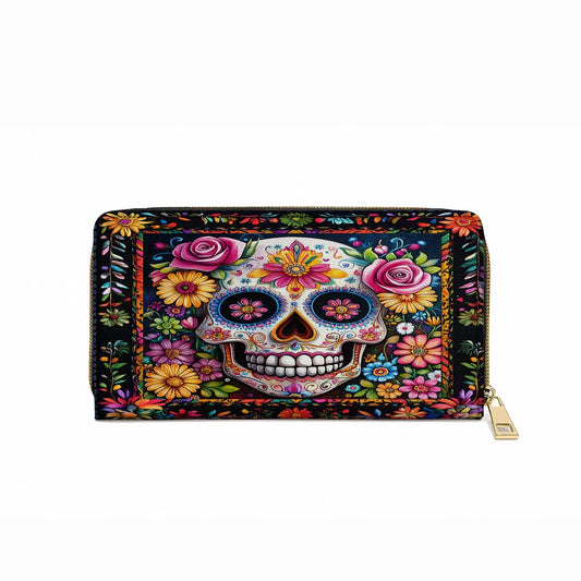  Leather Clutch Purse With Wristlet Strap Handle Calavera Floral Dreams