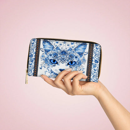  Leather Clutch Purse With Wristlet Strap Handle Blue Beauty Cat