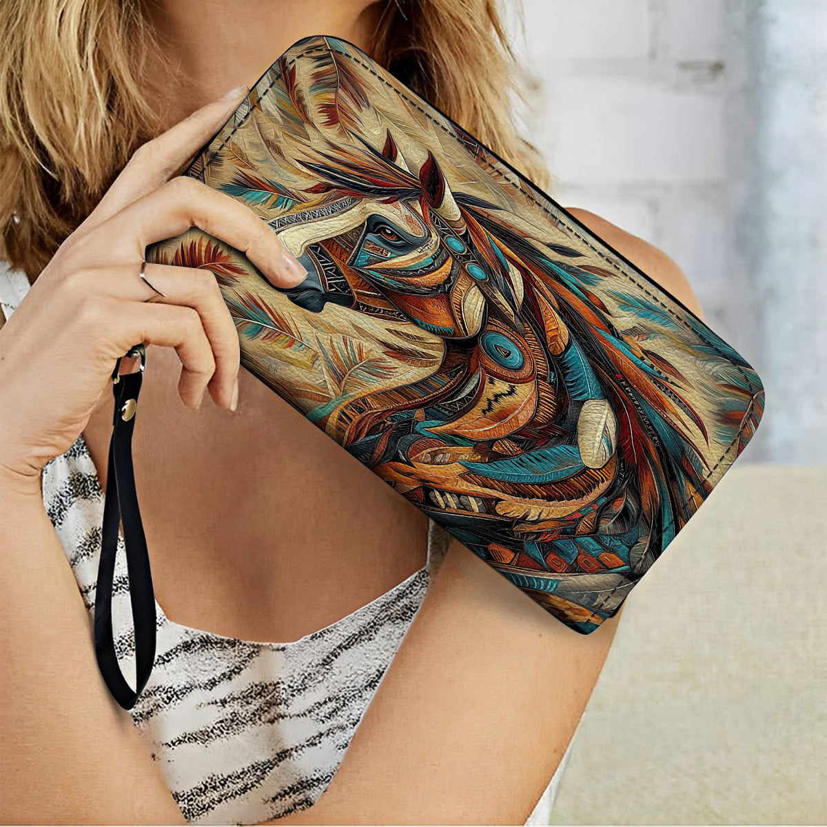  Leather Clutch Purse With Wristlet Strap Handle Tribal Spirit Stallion