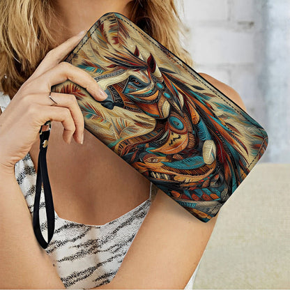  Leather Clutch Purse With Wristlet Strap Handle Tribal Spirit Stallion