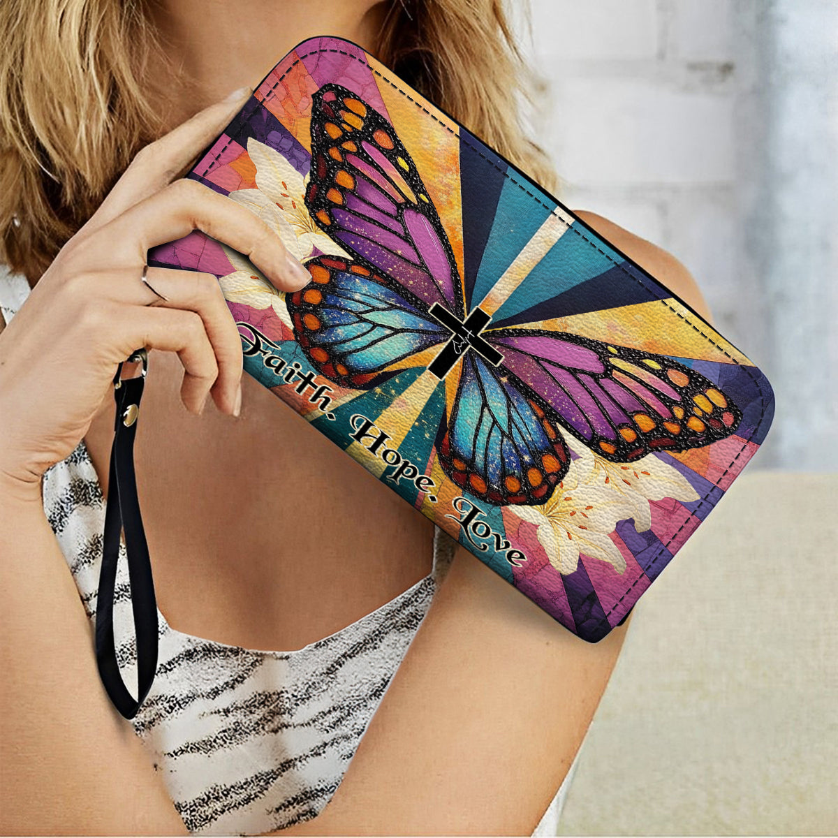  Leather Clutch Purse With Wristlet Strap Handle Wings Of Faith
