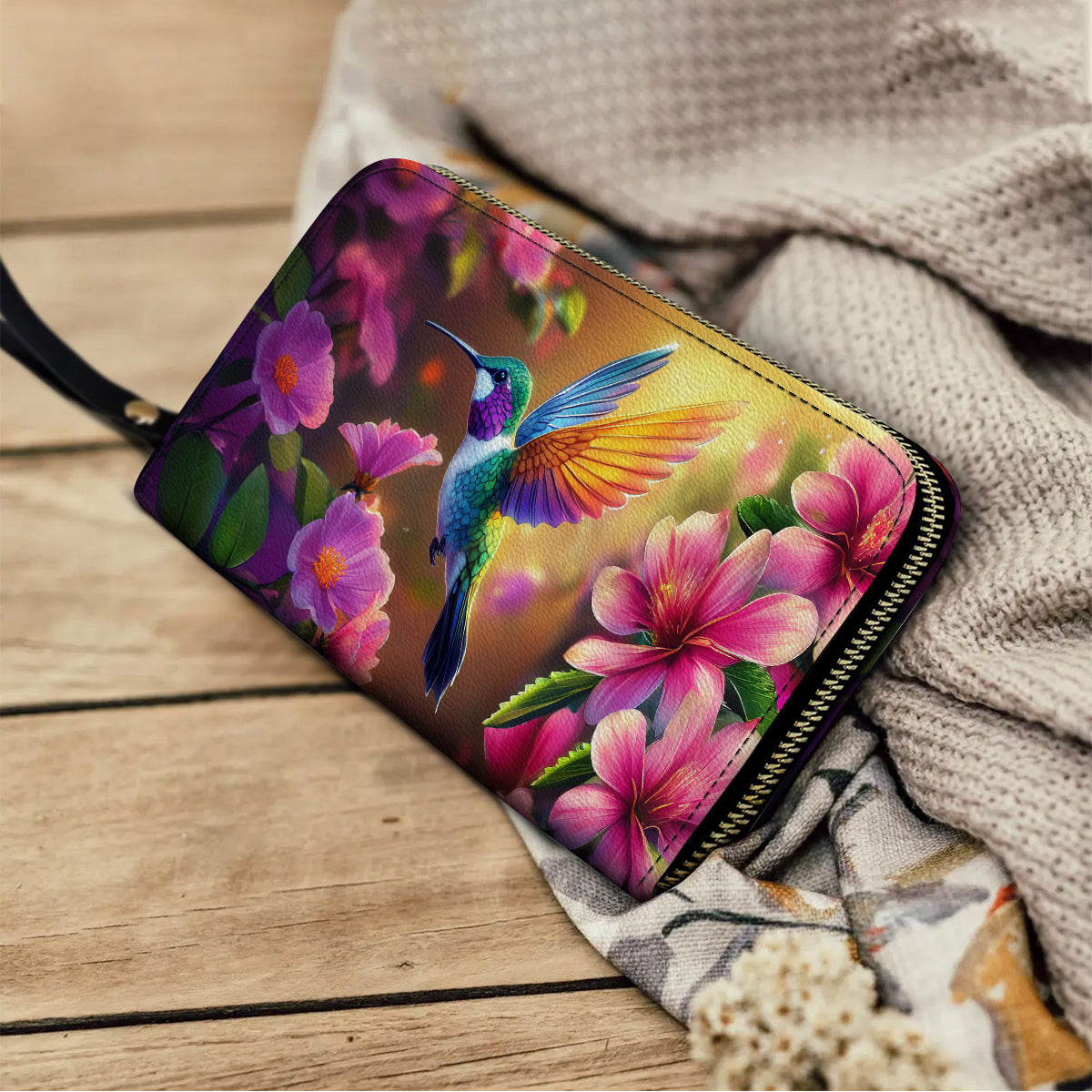  Leather Clutch Purse With Wristlet Strap Handle Enchanted Hummingbird
