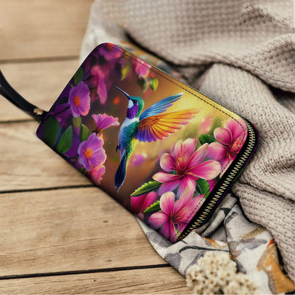  Leather Clutch Purse With Wristlet Strap Handle Enchanted Hummingbird