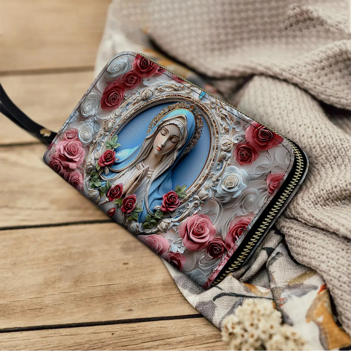  Leather Clutch Purse With Wristlet Strap Handle Sacred Heart Virgin Mary