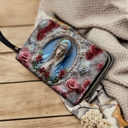  Leather Clutch Purse With Wristlet Strap Handle Sacred Heart Virgin Mary