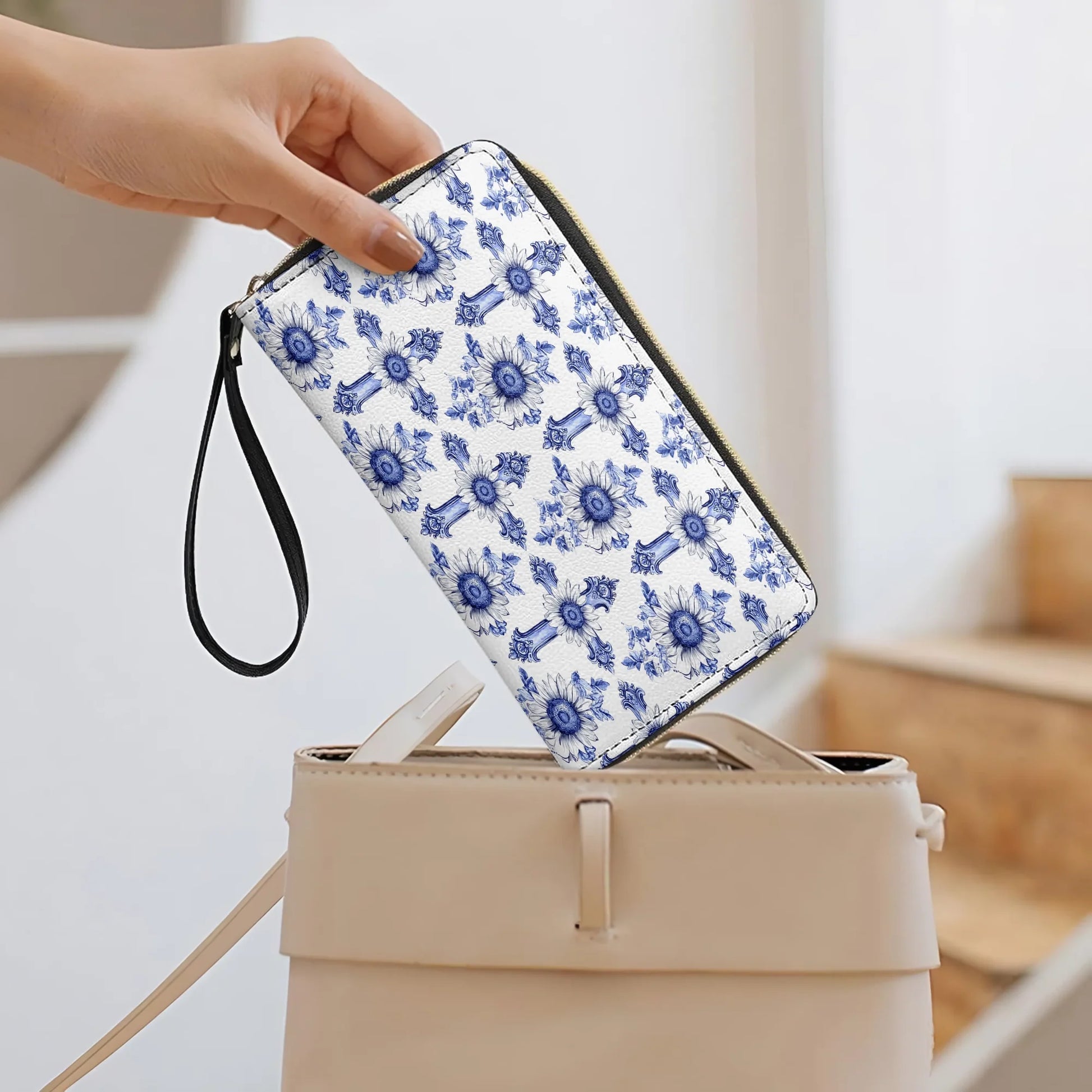  Leather Clutch Purse With Wristlet Strap Handle Sunflower Blooming With Grace