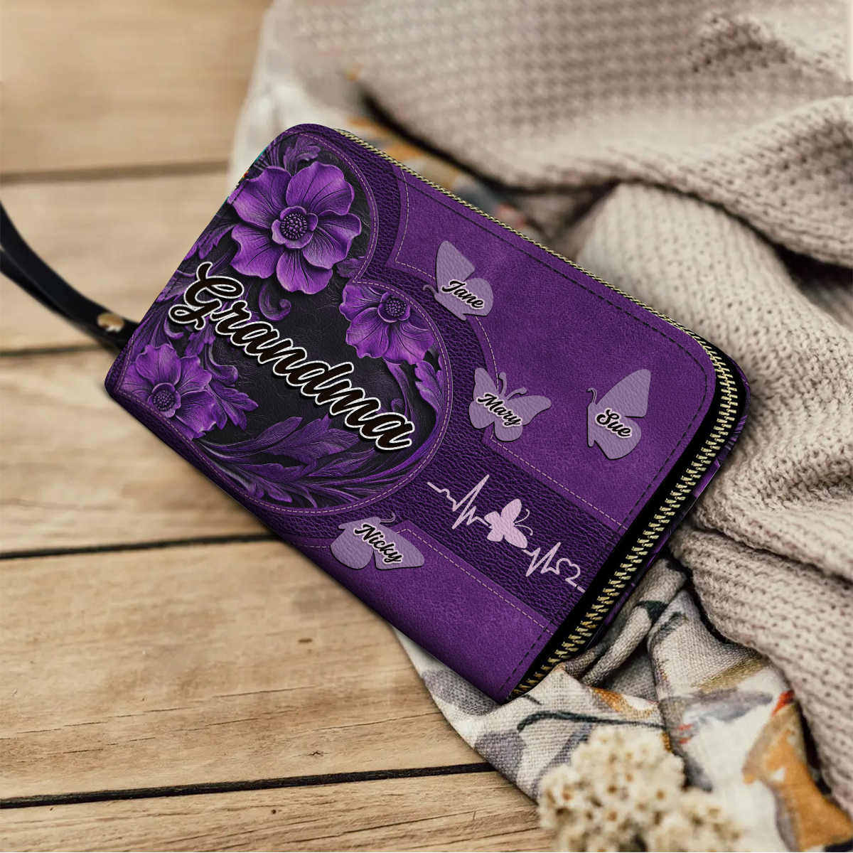  Leather Clutch Purse With Wristlet Strap Handle Eternal Love Grandma Butterfly