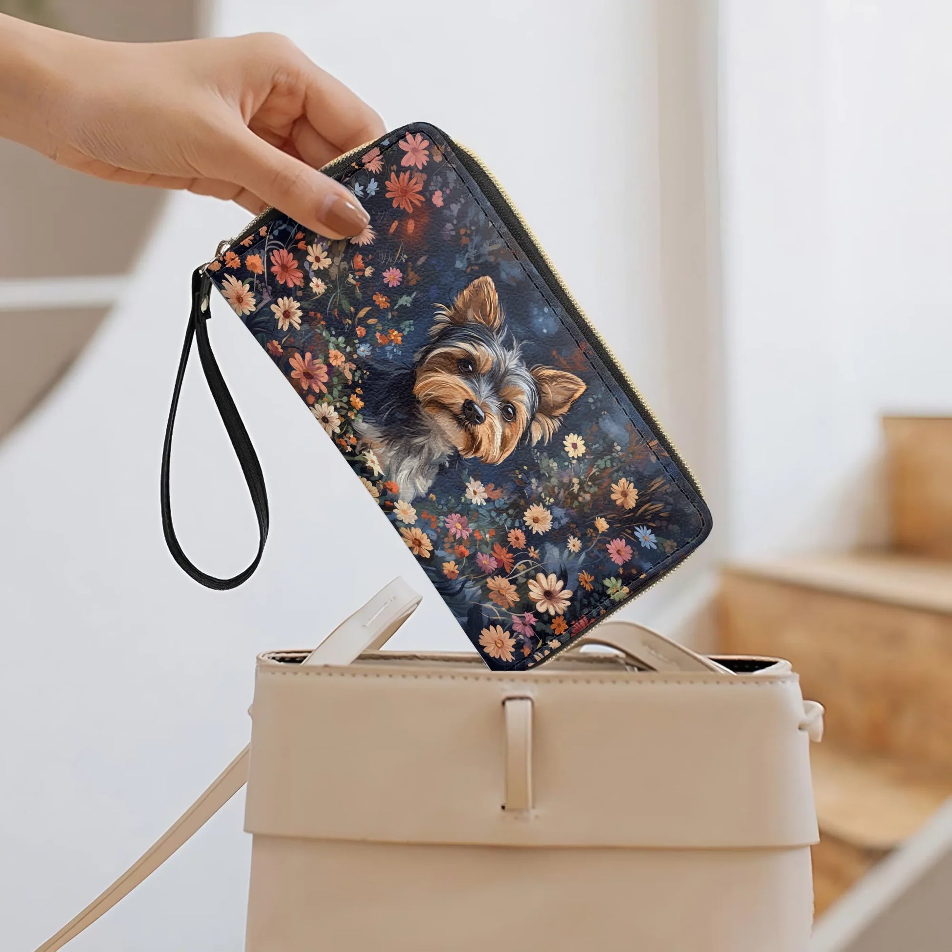  Leather Clutch Purse With Wristlet Strap Handle Enchanted Yorkie Bloom