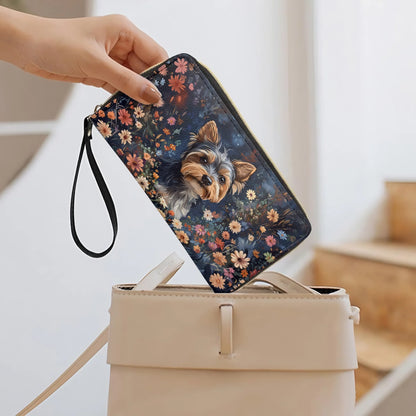  Leather Clutch Purse With Wristlet Strap Handle Enchanted Yorkie Bloom