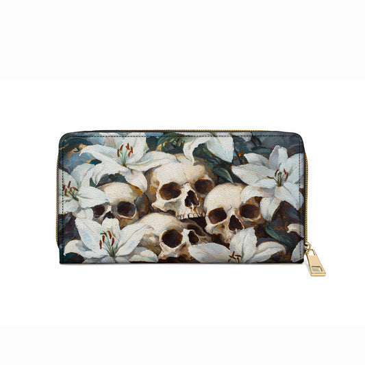 Leather Clutch Purse With Wristlet Strap Handle Mystic Skull & White Lilies
