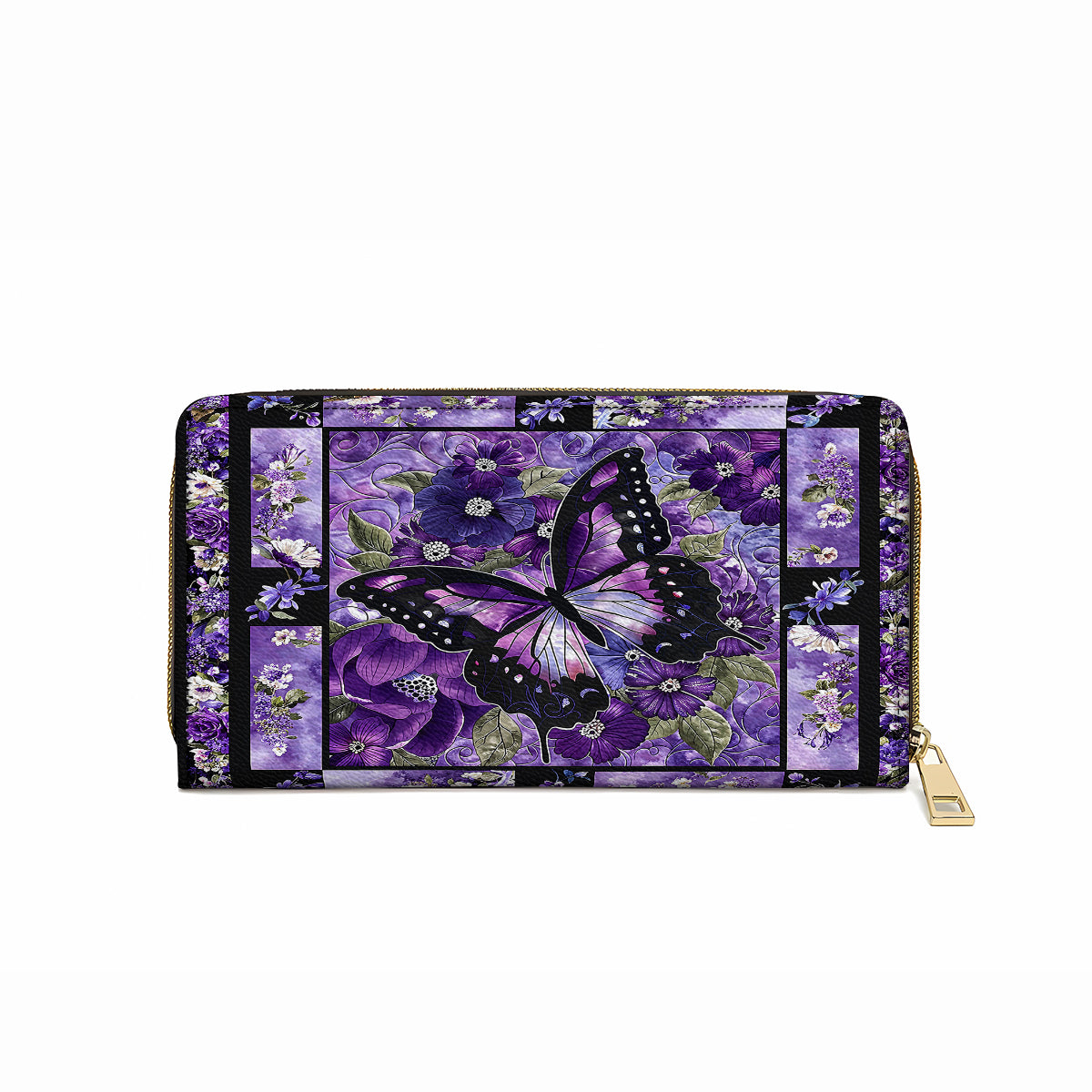  Leather Clutch Purse With Wristlet Strap Handle Gorgeous Purple Butterfly Flowers