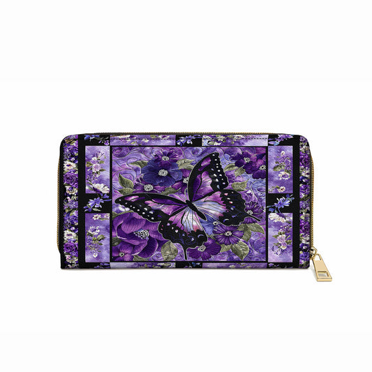  Leather Clutch Purse With Wristlet Strap Handle Gorgeous Purple Butterfly Flowers