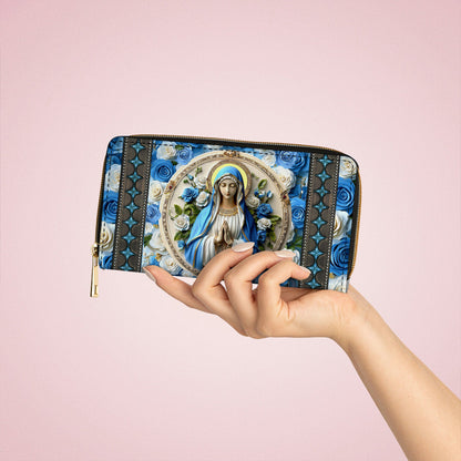  Leather Clutch Purse With Wristlet Strap Handle Peaceful Virgin Mary Roses