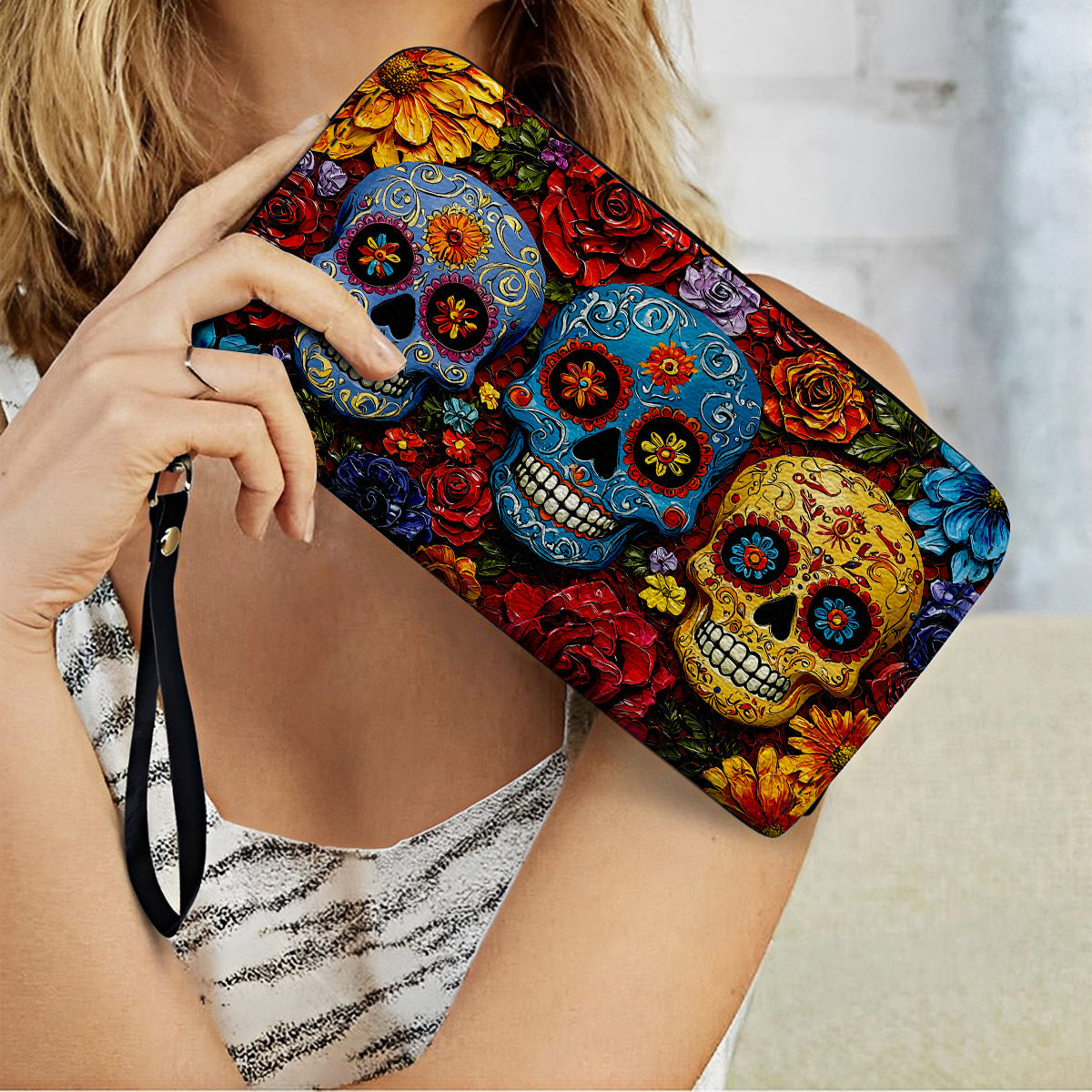  Leather Clutch Purse With Wristlet Strap Handle Floral Sugar Skull