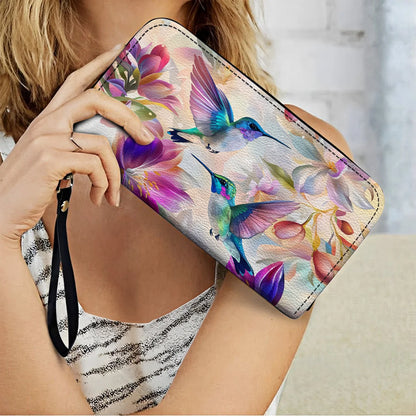  Leather Clutch Purse With Wristlet Strap Handle Floral Hummingbird Elegance