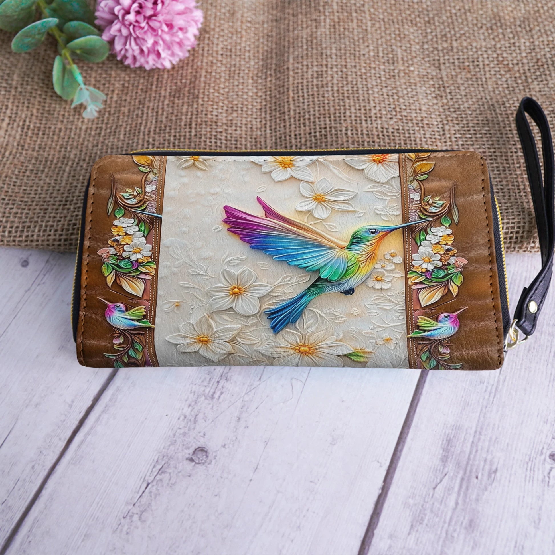  Leather Clutch Purse With Wristlet Strap Handle Fluttering Blooms